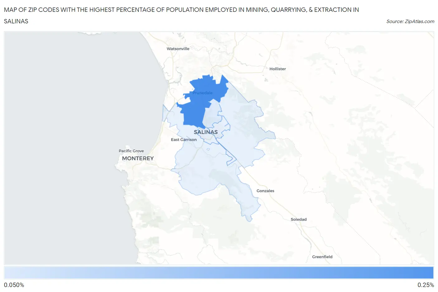 Zip Codes with the Highest Percentage of Population Employed in Mining, Quarrying, & Extraction in Salinas Map