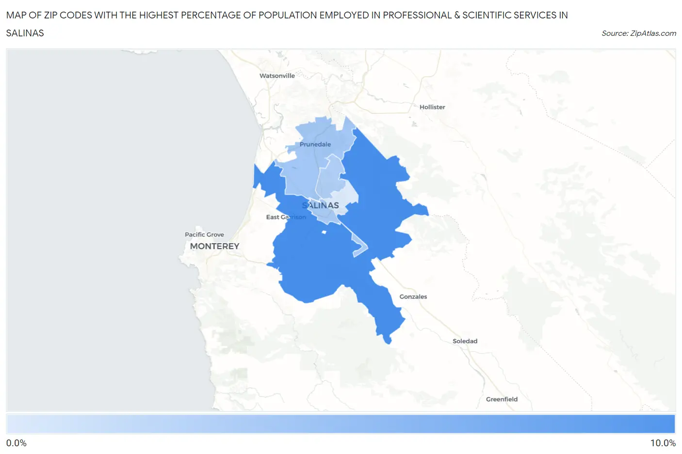 Zip Codes with the Highest Percentage of Population Employed in Professional & Scientific Services in Salinas Map