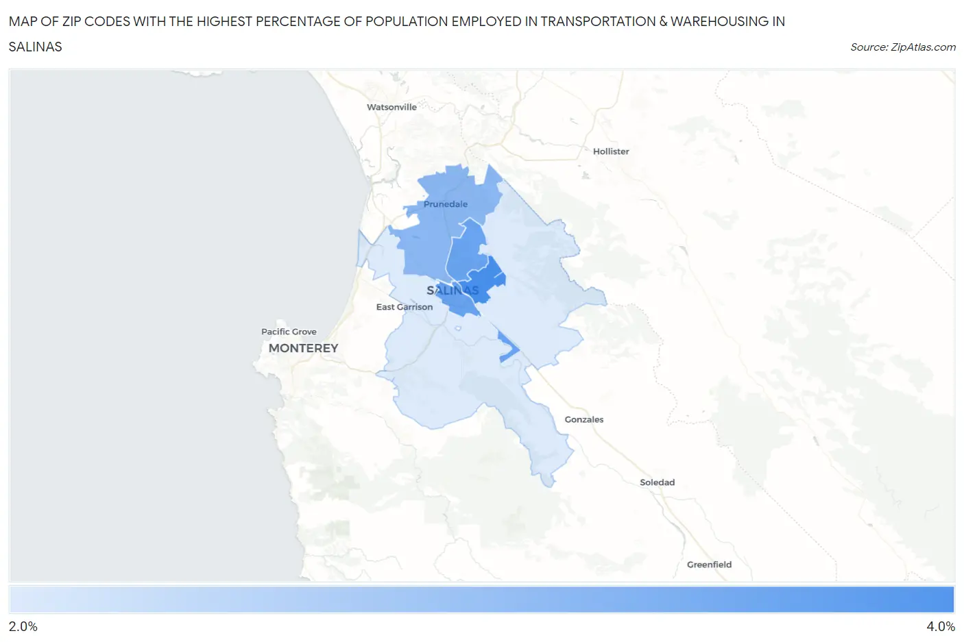 Zip Codes with the Highest Percentage of Population Employed in Transportation & Warehousing in Salinas Map
