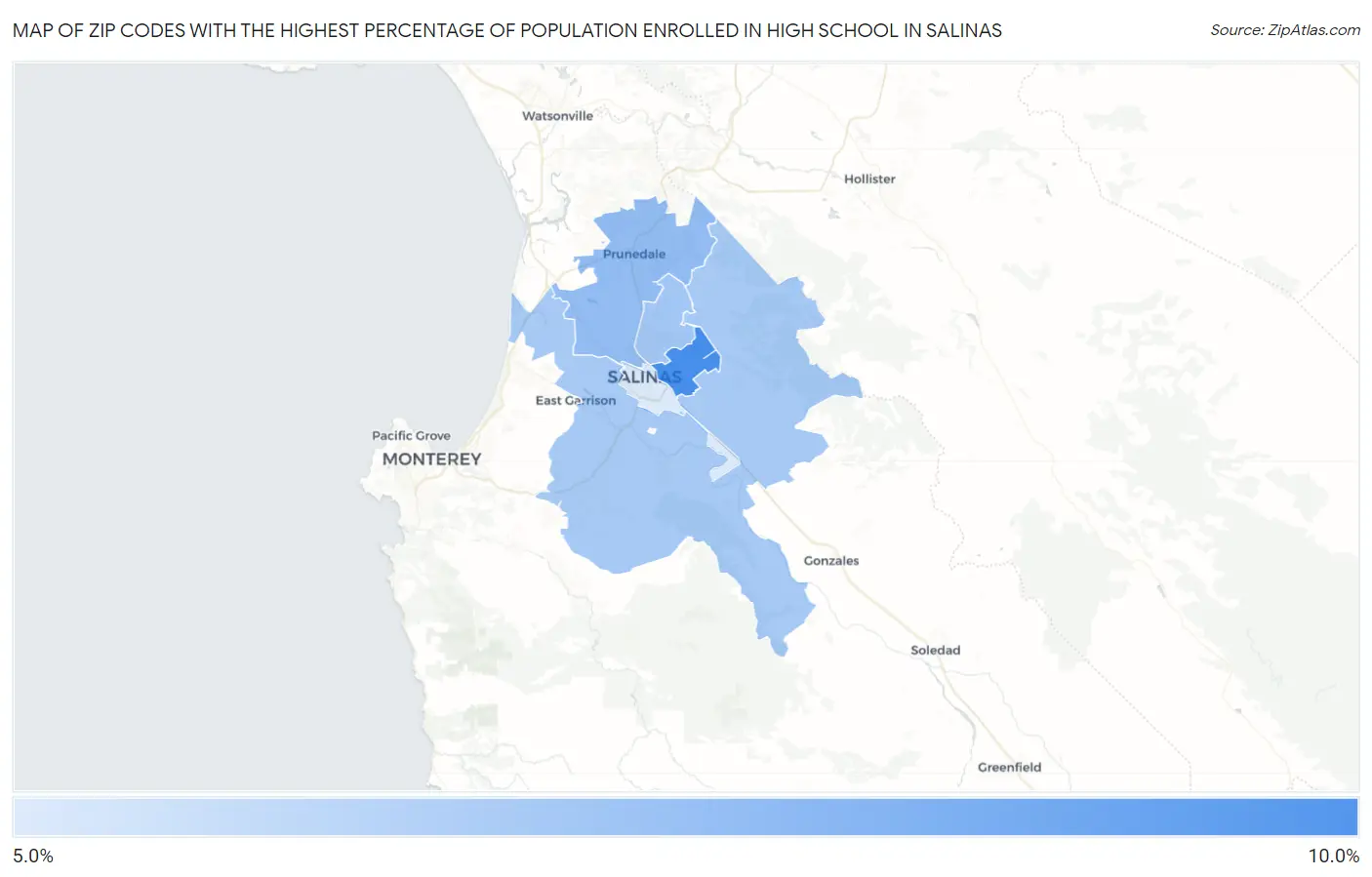 Zip Codes with the Highest Percentage of Population Enrolled in High School in Salinas Map