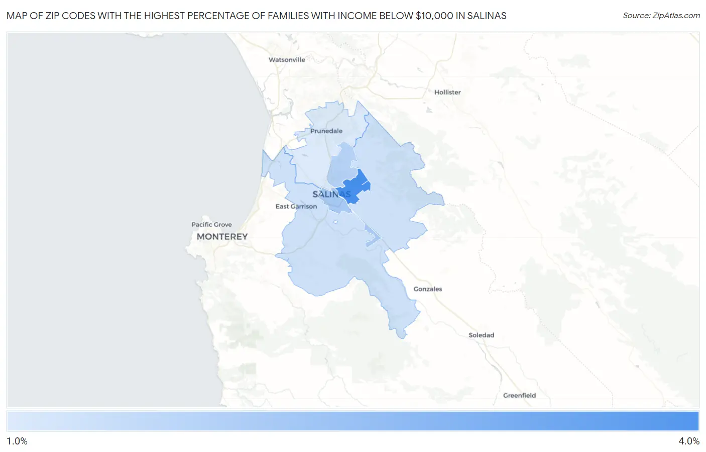 Zip Codes with the Highest Percentage of Families with Income Below $10,000 in Salinas Map