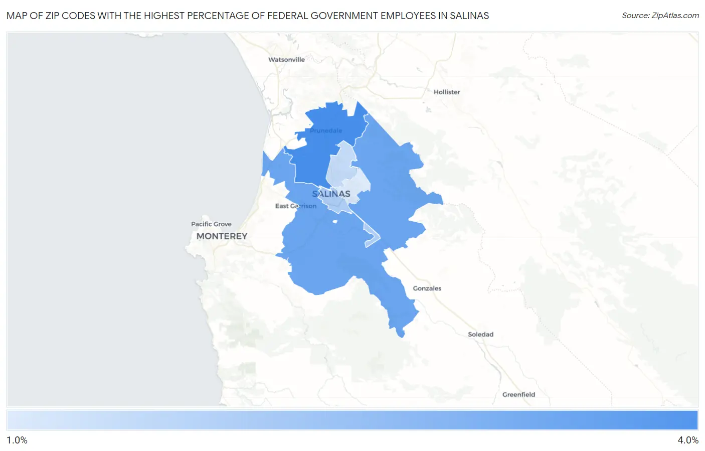 Zip Codes with the Highest Percentage of Federal Government Employees in Salinas Map