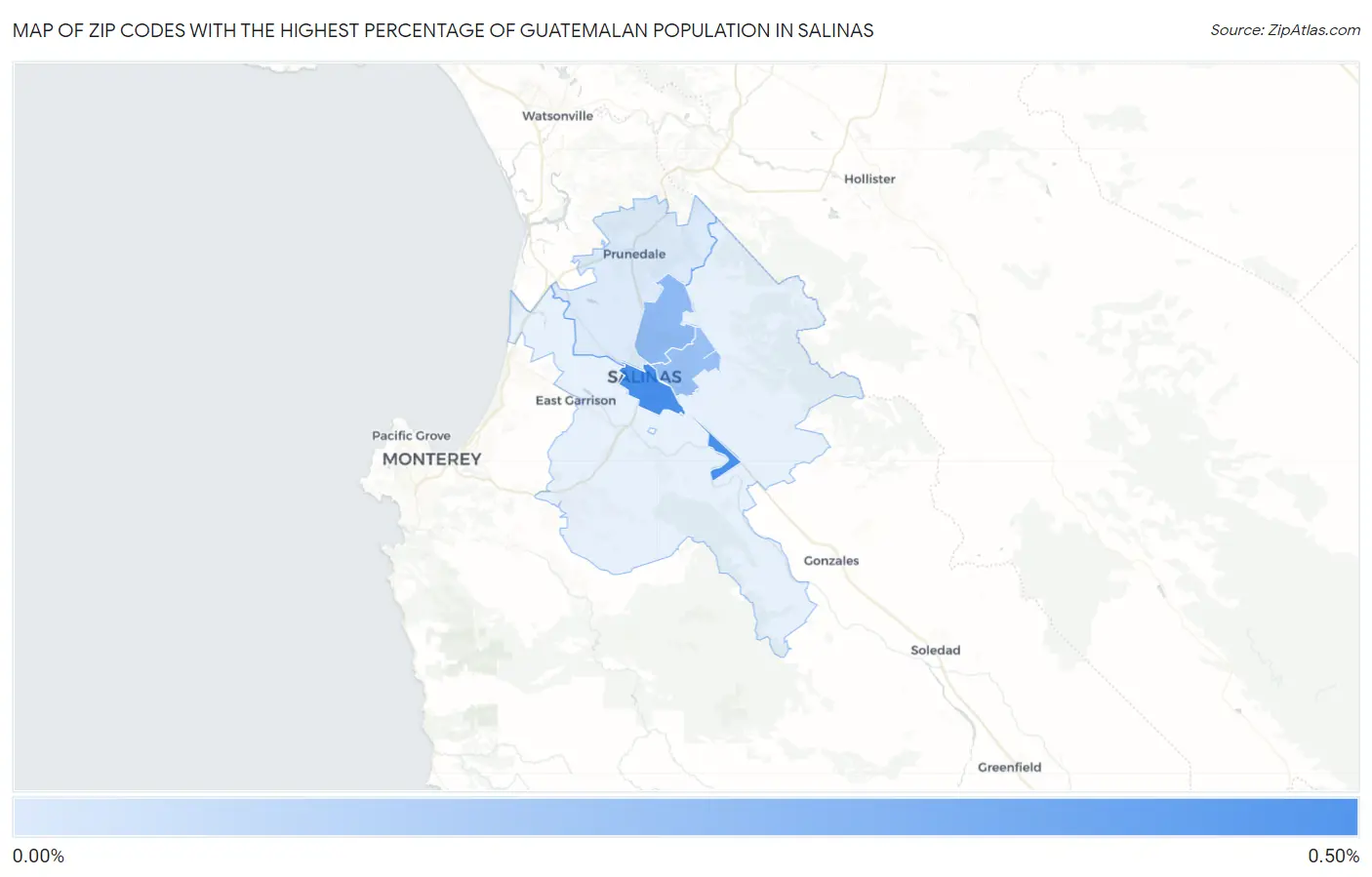 Zip Codes with the Highest Percentage of Guatemalan Population in Salinas Map