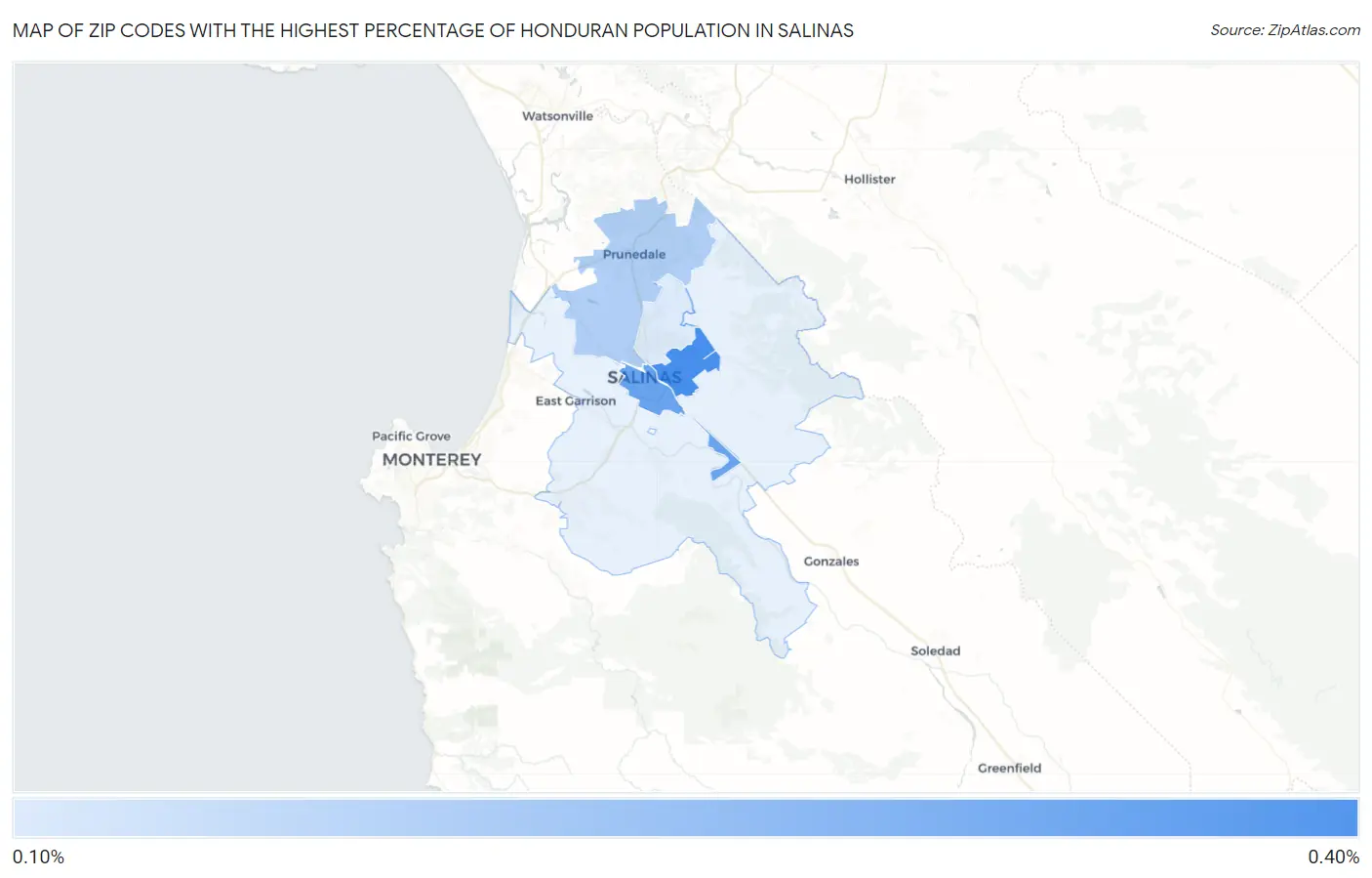 Zip Codes with the Highest Percentage of Honduran Population in Salinas Map
