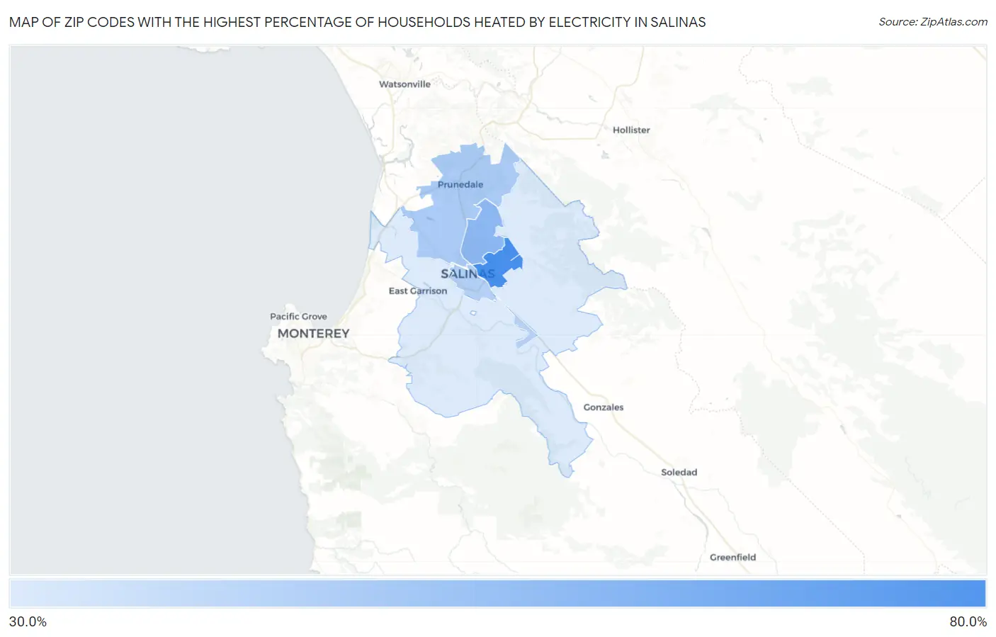 Zip Codes with the Highest Percentage of Households Heated by Electricity in Salinas Map