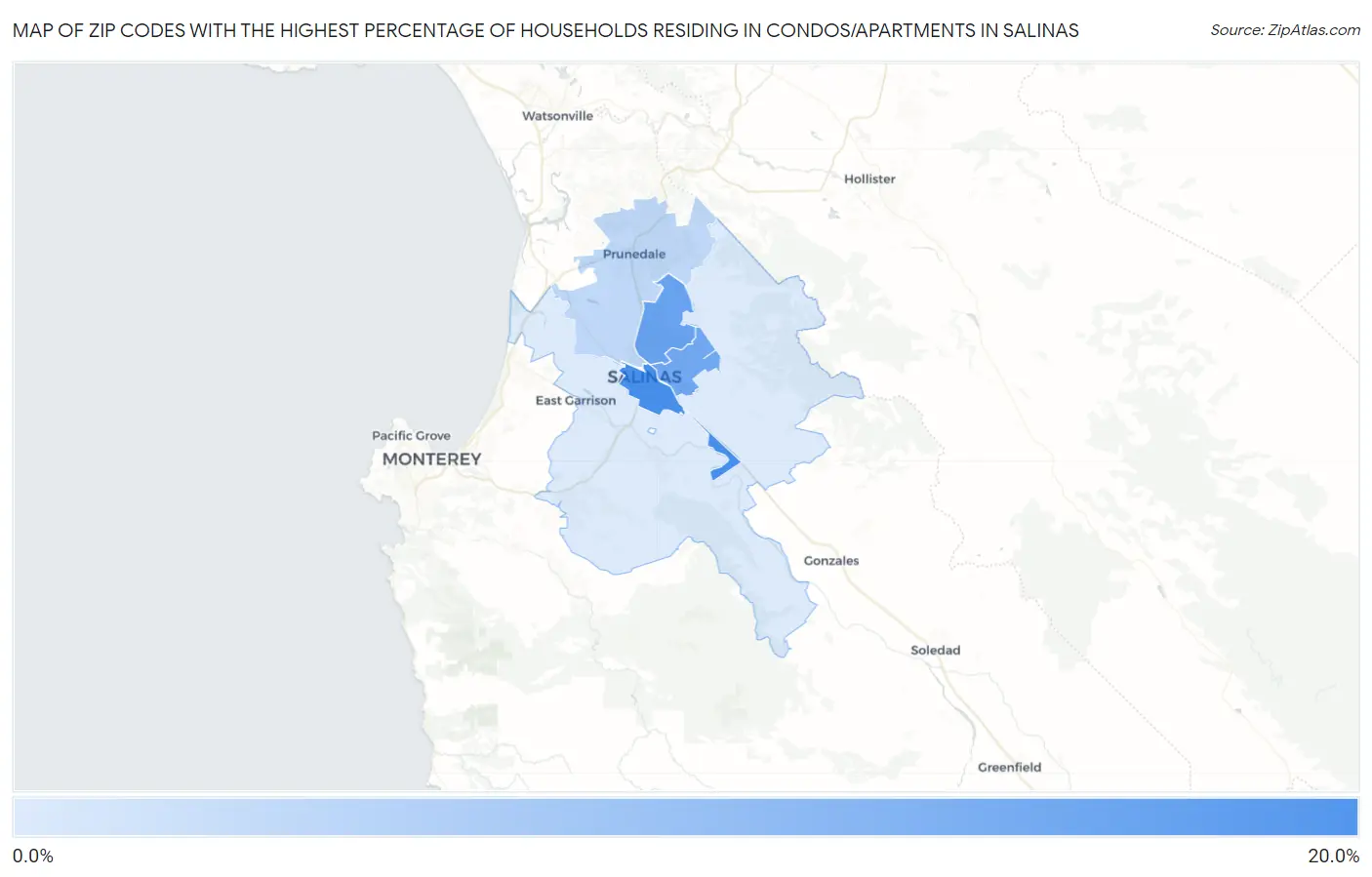 Zip Codes with the Highest Percentage of Households Residing in Condos/Apartments in Salinas Map