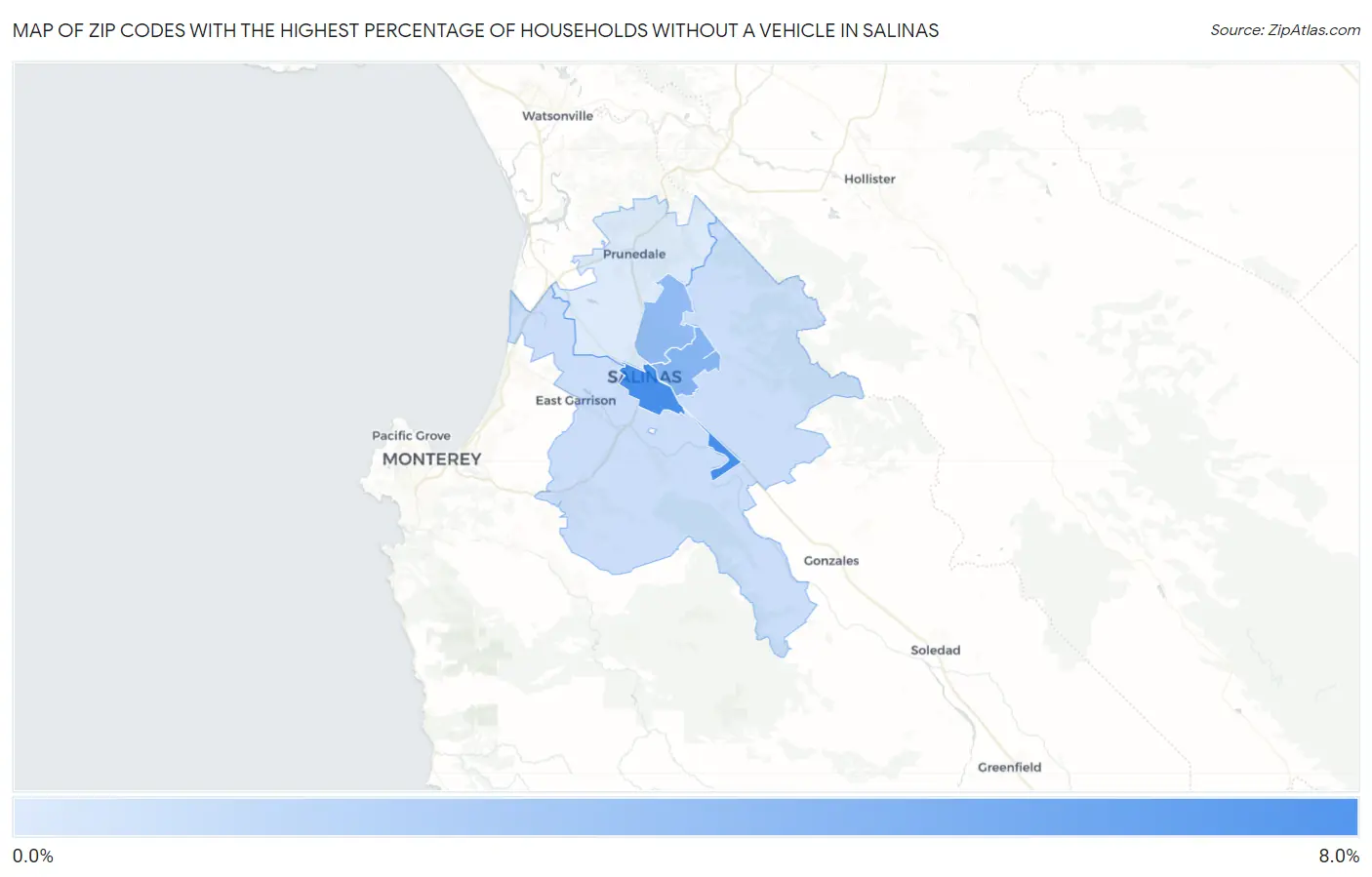 Zip Codes with the Highest Percentage of Households Without a Vehicle in Salinas Map