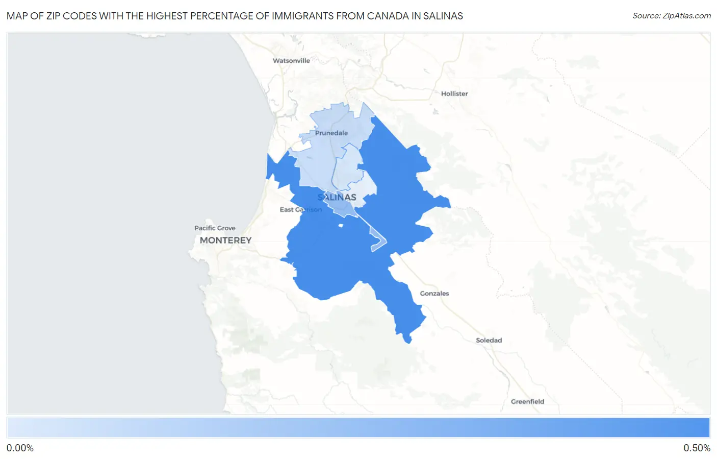Zip Codes with the Highest Percentage of Immigrants from Canada in Salinas Map