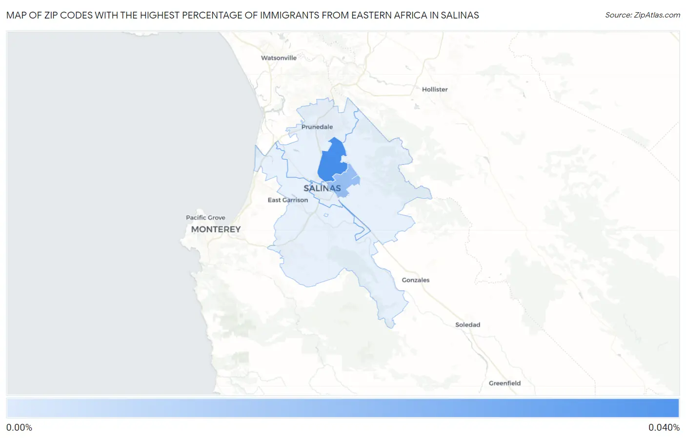 Zip Codes with the Highest Percentage of Immigrants from Eastern Africa in Salinas Map