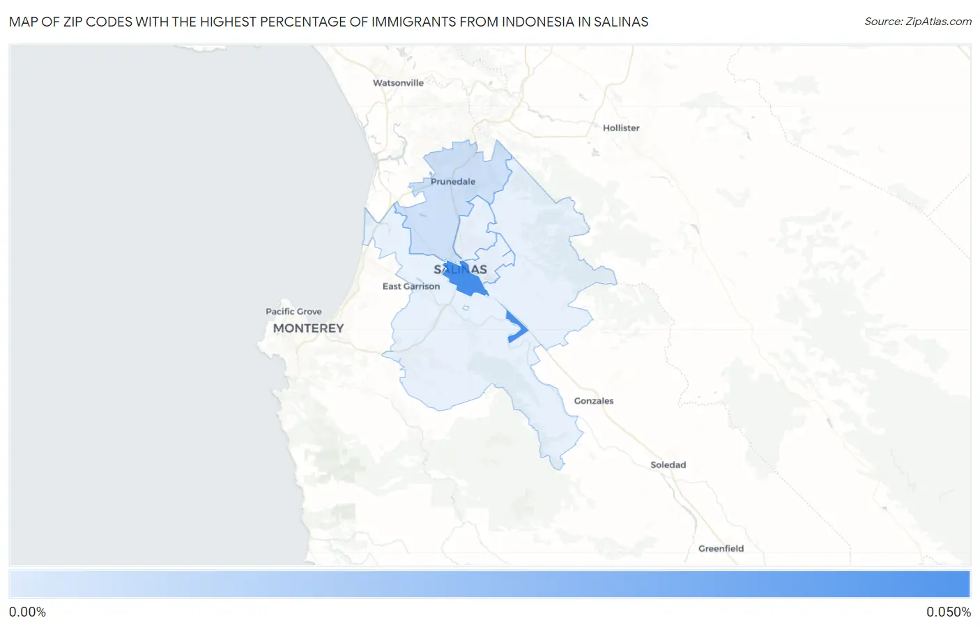 Zip Codes with the Highest Percentage of Immigrants from Indonesia in Salinas Map