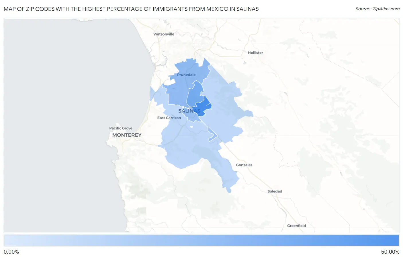 Zip Codes with the Highest Percentage of Immigrants from Mexico in Salinas Map