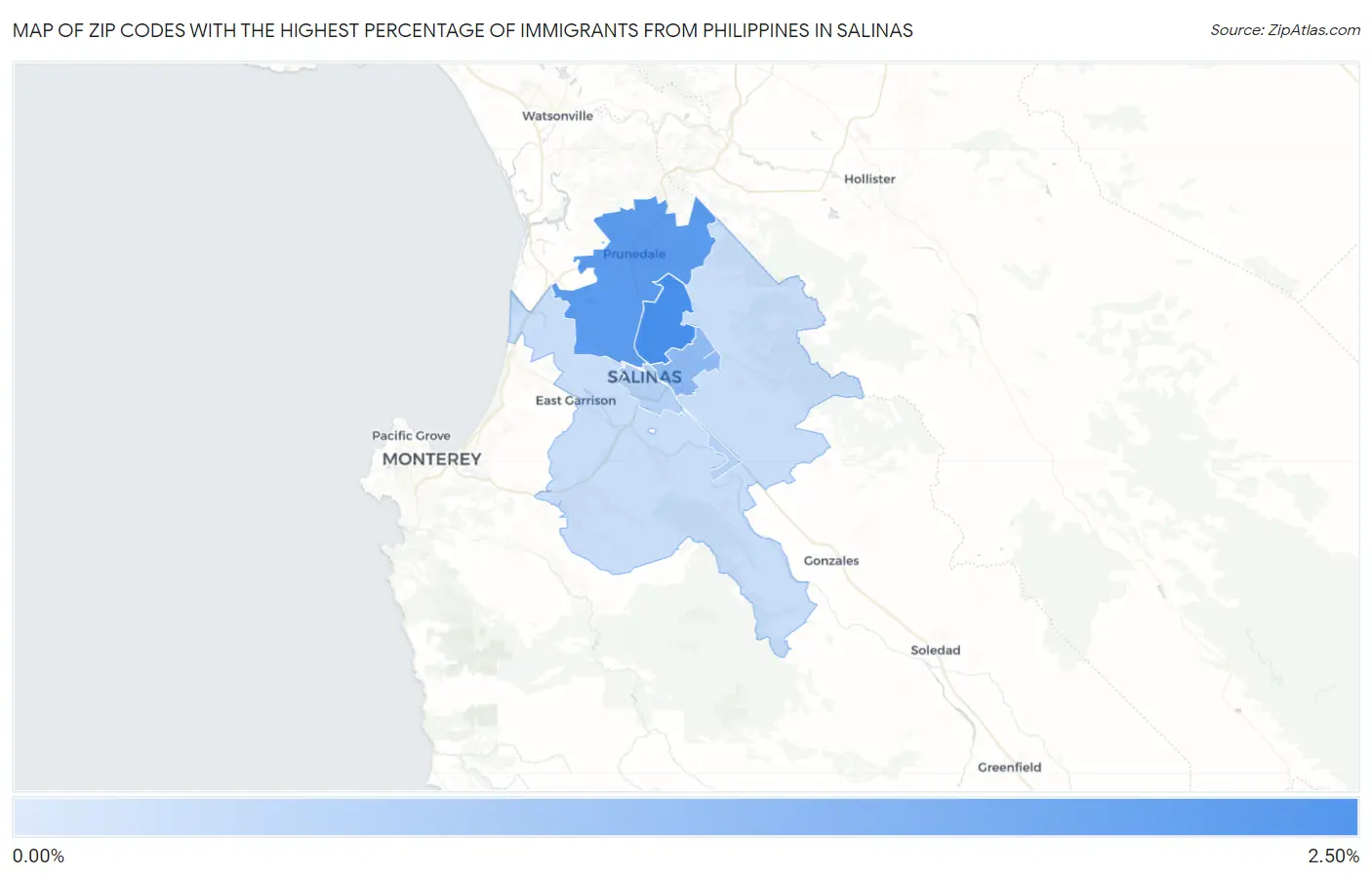 Zip Codes with the Highest Percentage of Immigrants from Philippines in Salinas Map