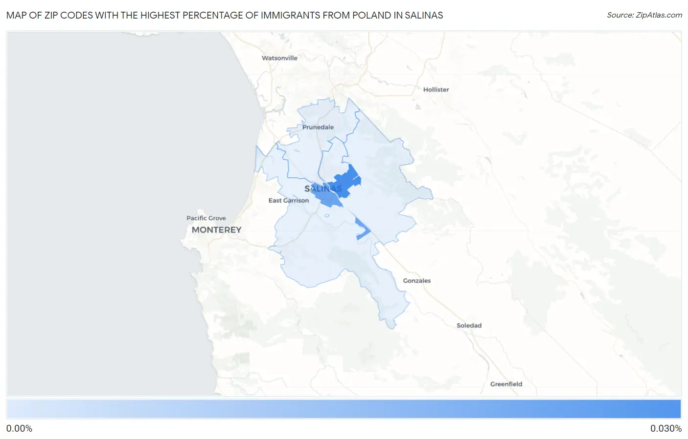 Zip Codes with the Highest Percentage of Immigrants from Poland in Salinas Map