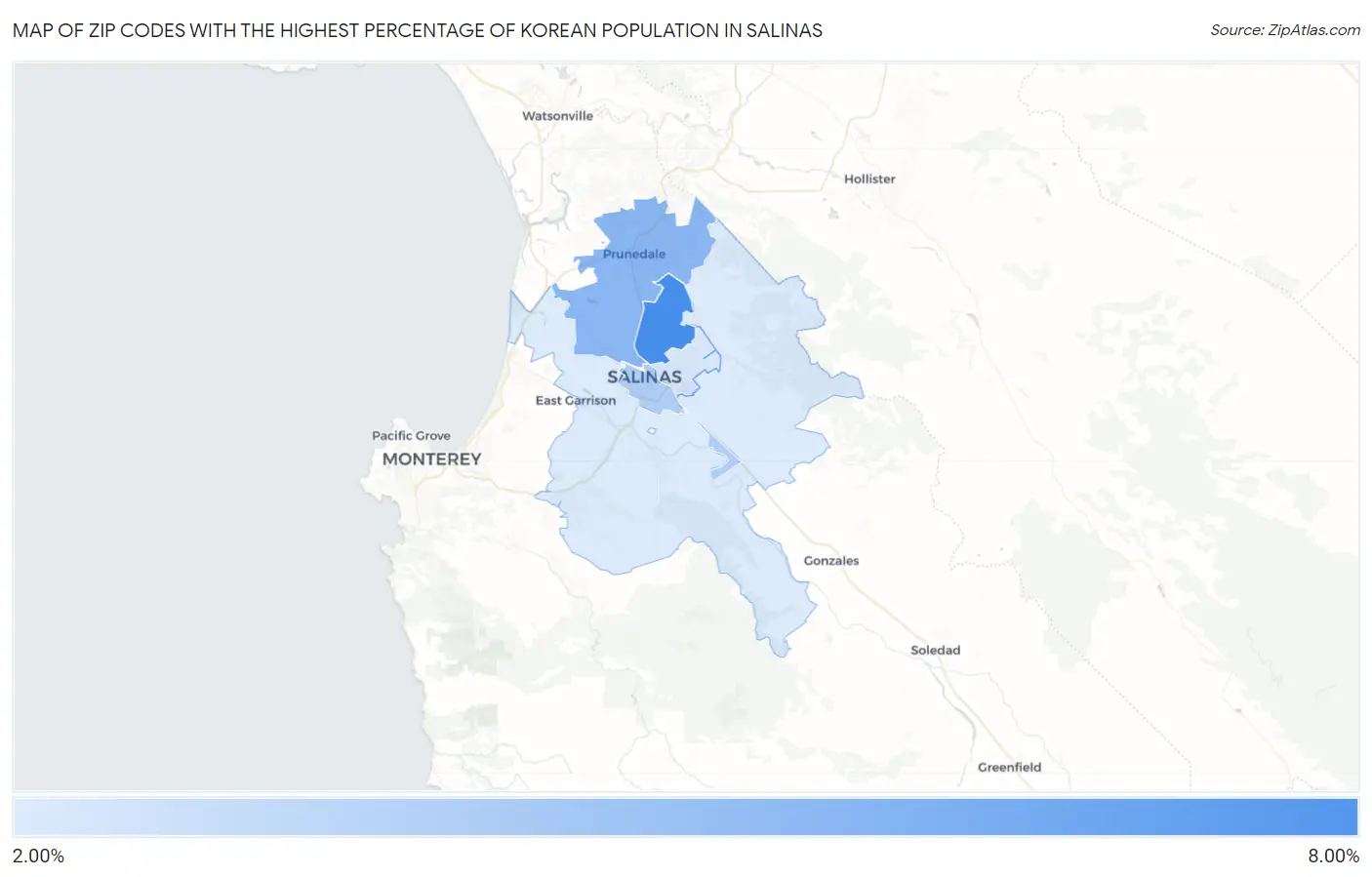 Zip Codes with the Highest Percentage of Korean Population in Salinas Map