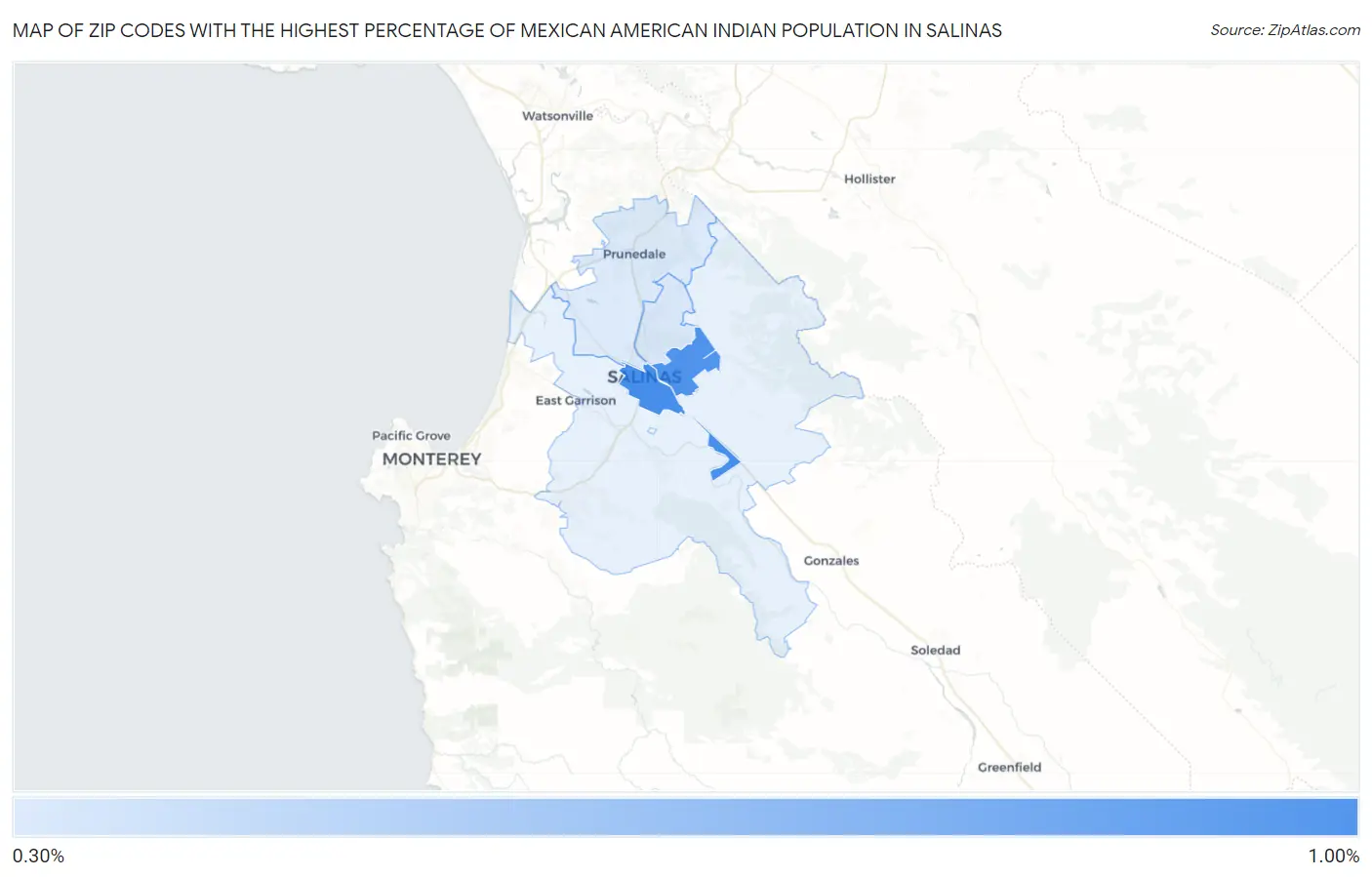 Zip Codes with the Highest Percentage of Mexican American Indian Population in Salinas Map