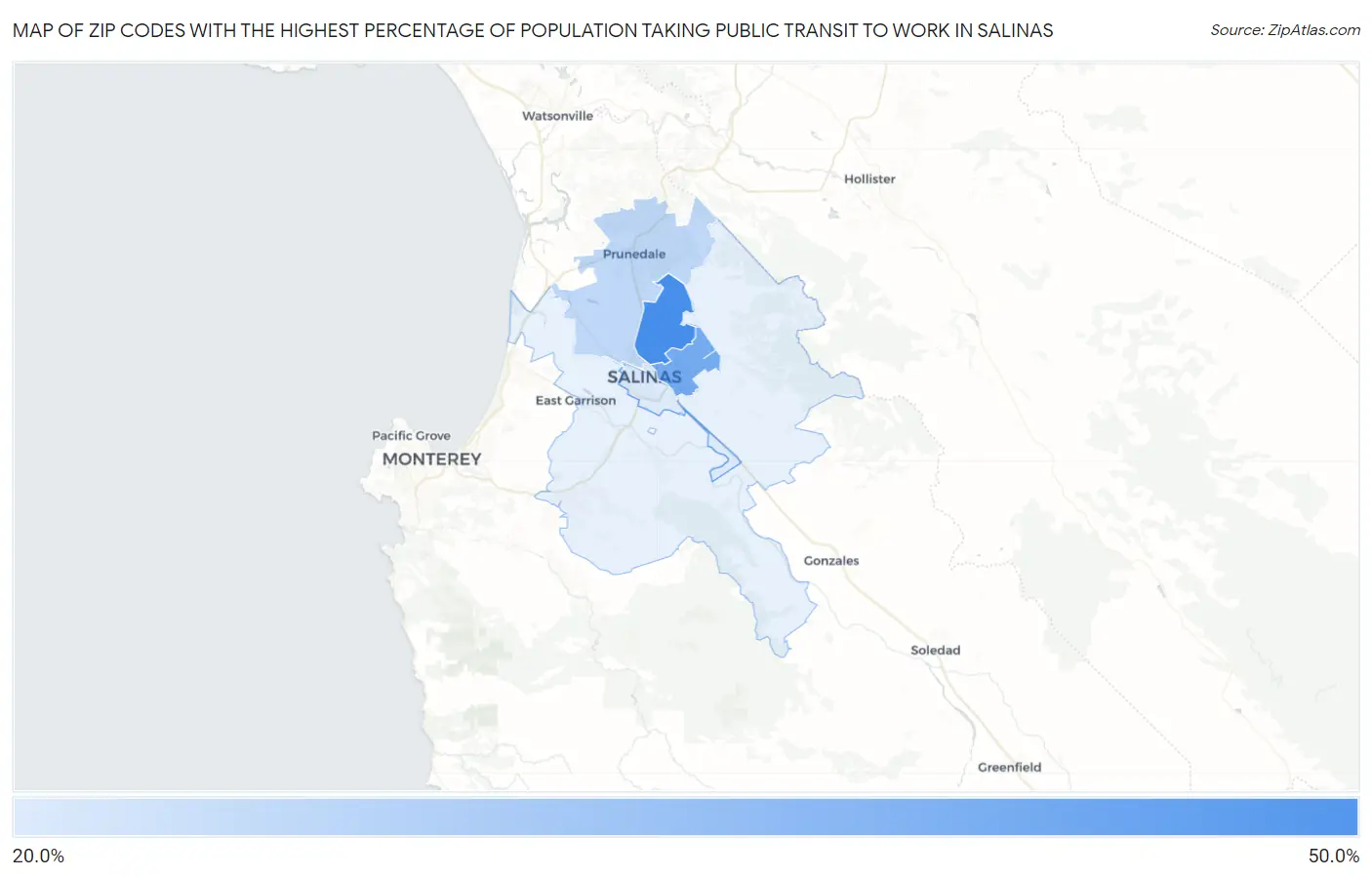 Zip Codes with the Highest Percentage of Population Taking Public Transit to Work in Salinas Map