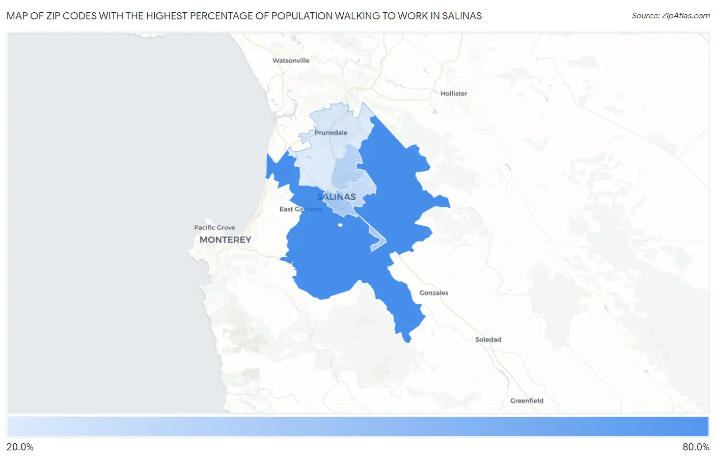Zip Codes with the Highest Percentage of Population Walking to Work in Salinas Map