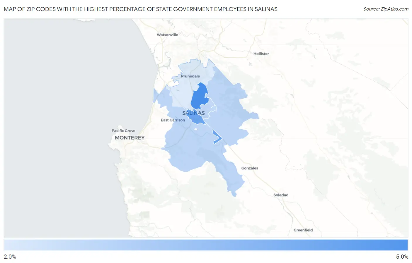 Zip Codes with the Highest Percentage of State Government Employees in Salinas Map
