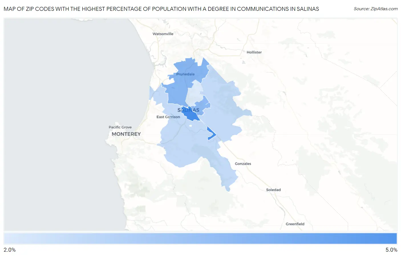 Zip Codes with the Highest Percentage of Population with a Degree in Communications in Salinas Map