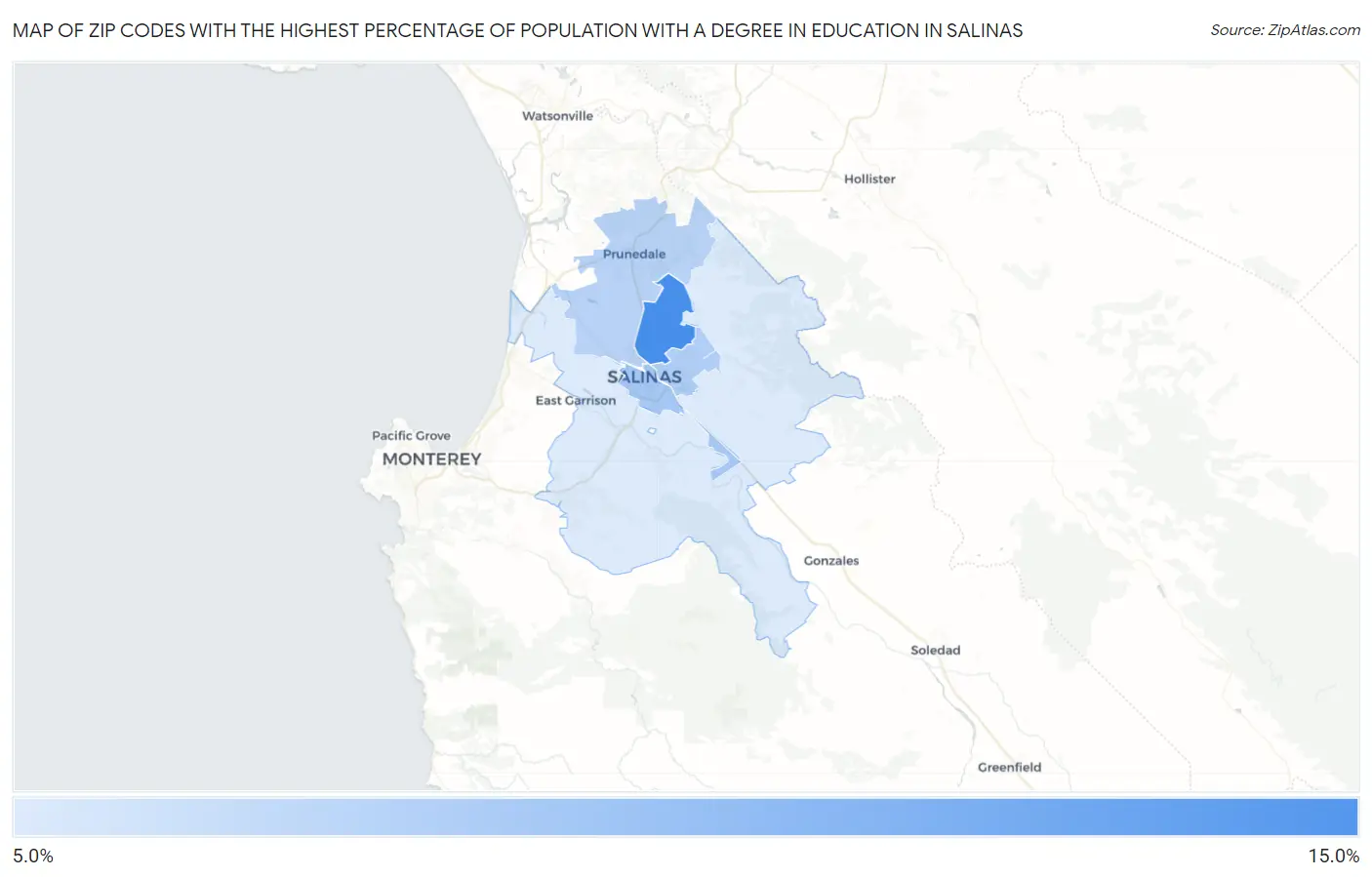Zip Codes with the Highest Percentage of Population with a Degree in Education in Salinas Map