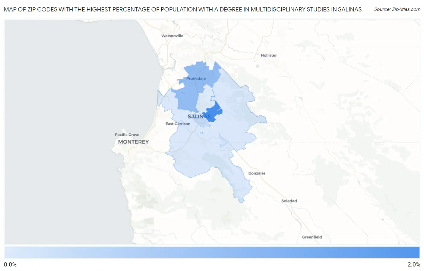 Zip Codes with the Highest Percentage of Population with a Degree in Multidisciplinary Studies in Salinas Map