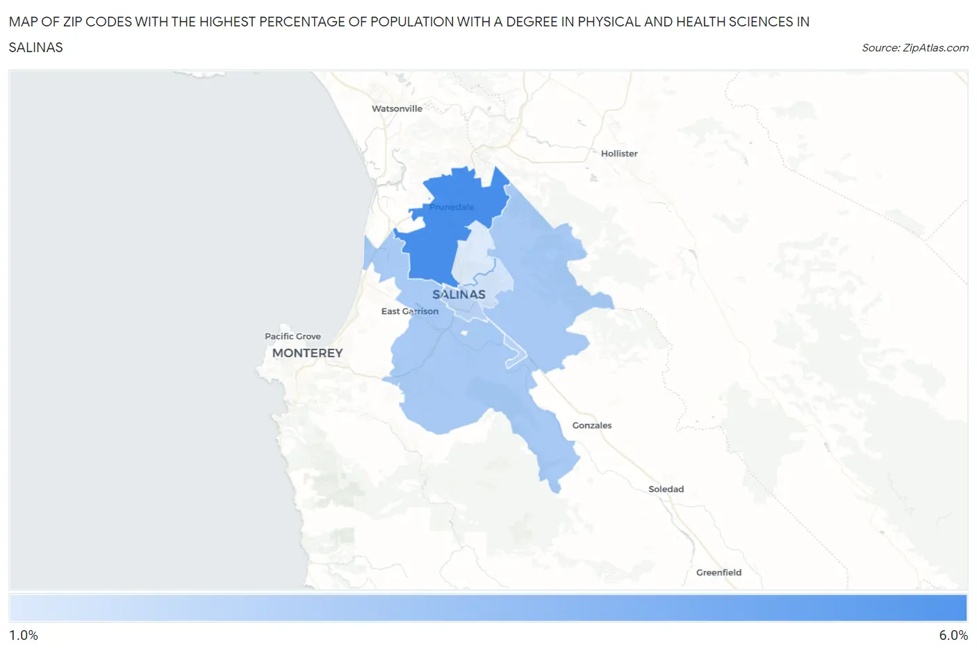 Zip Codes with the Highest Percentage of Population with a Degree in Physical and Health Sciences in Salinas Map