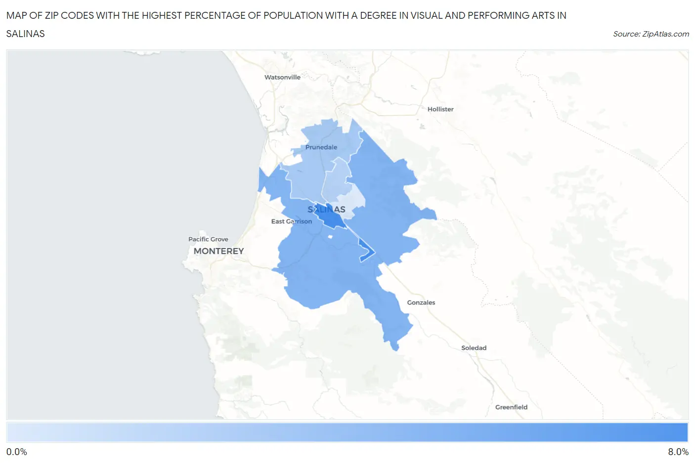 Zip Codes with the Highest Percentage of Population with a Degree in Visual and Performing Arts in Salinas Map