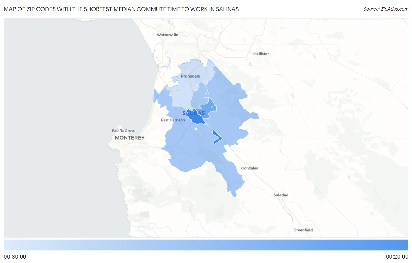 Zip Codes with the Shortest Median Commute Time to Work in Salinas Map