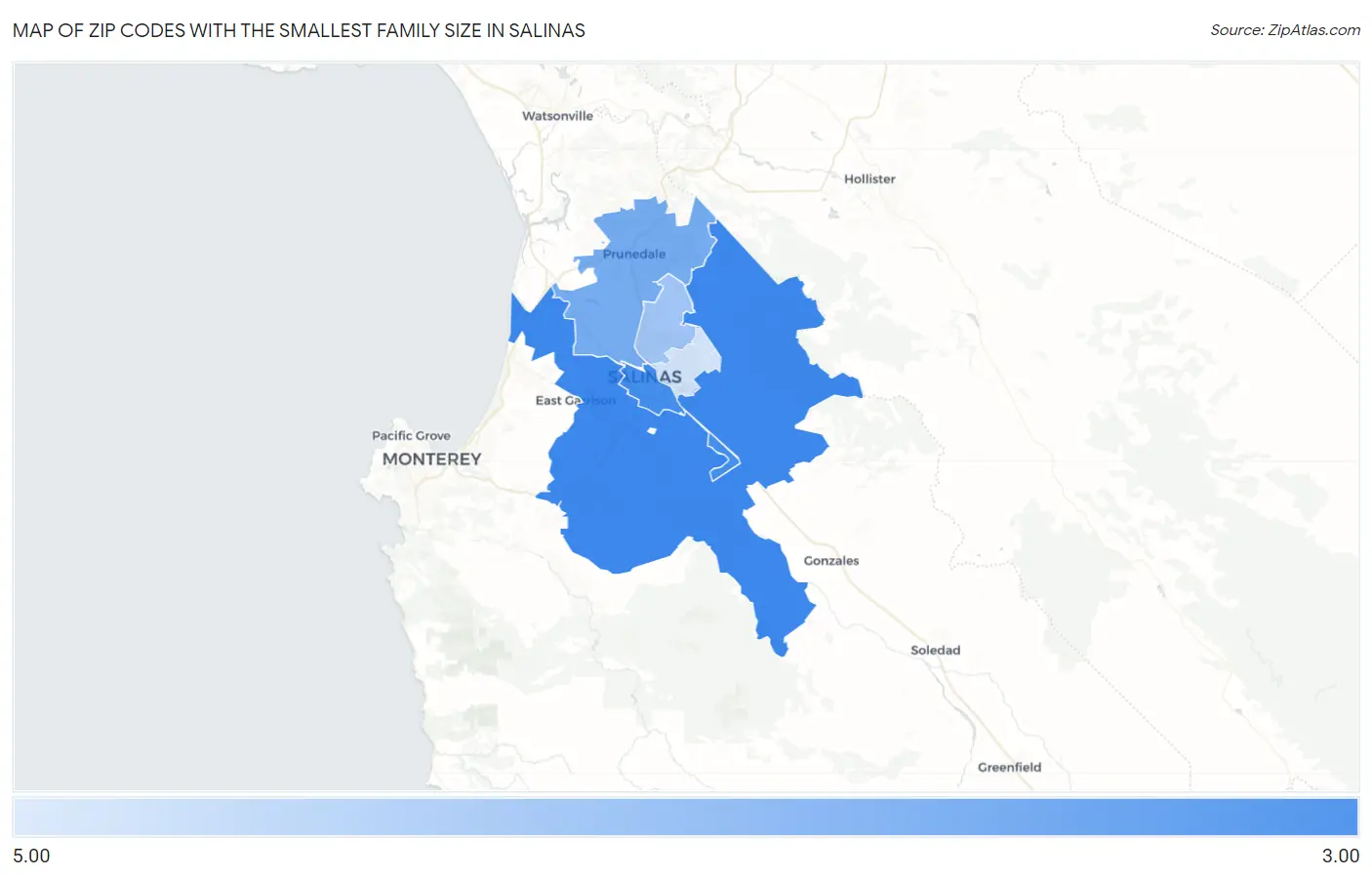 Zip Codes with the Smallest Family Size in Salinas Map