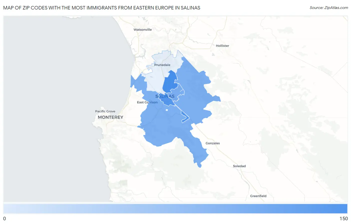 Zip Codes with the Most Immigrants from Eastern Europe in Salinas Map