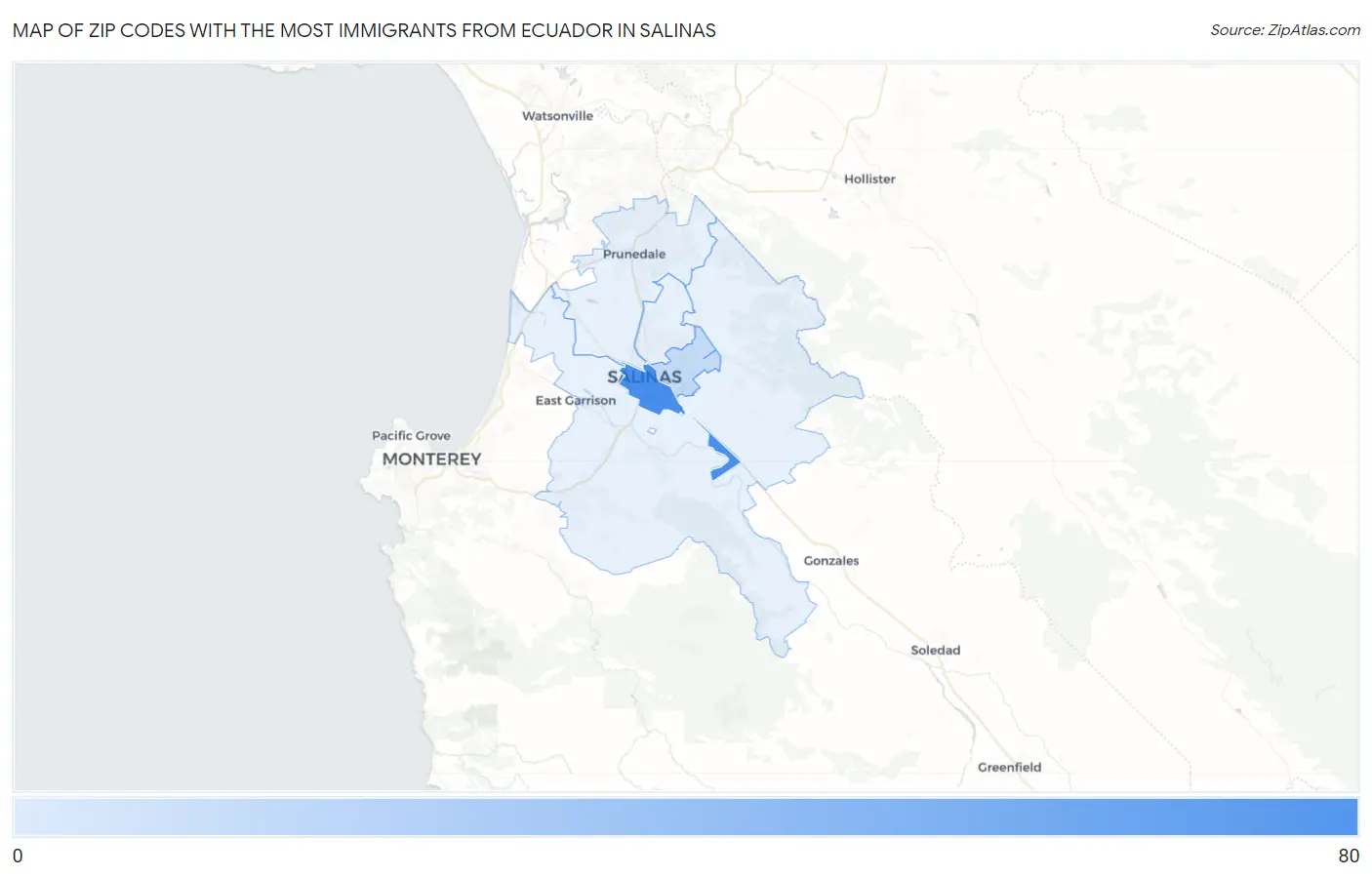 Zip Codes with the Most Immigrants from Ecuador in Salinas Map