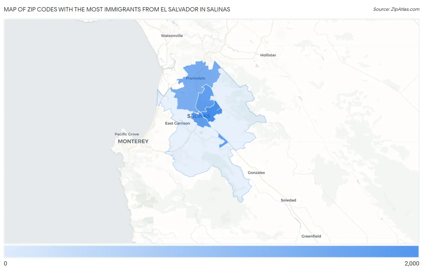 Zip Codes with the Most Immigrants from El Salvador in Salinas Map