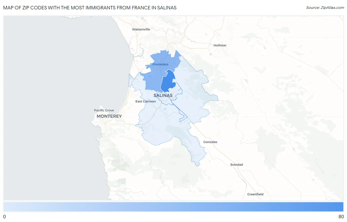 Zip Codes with the Most Immigrants from France in Salinas Map