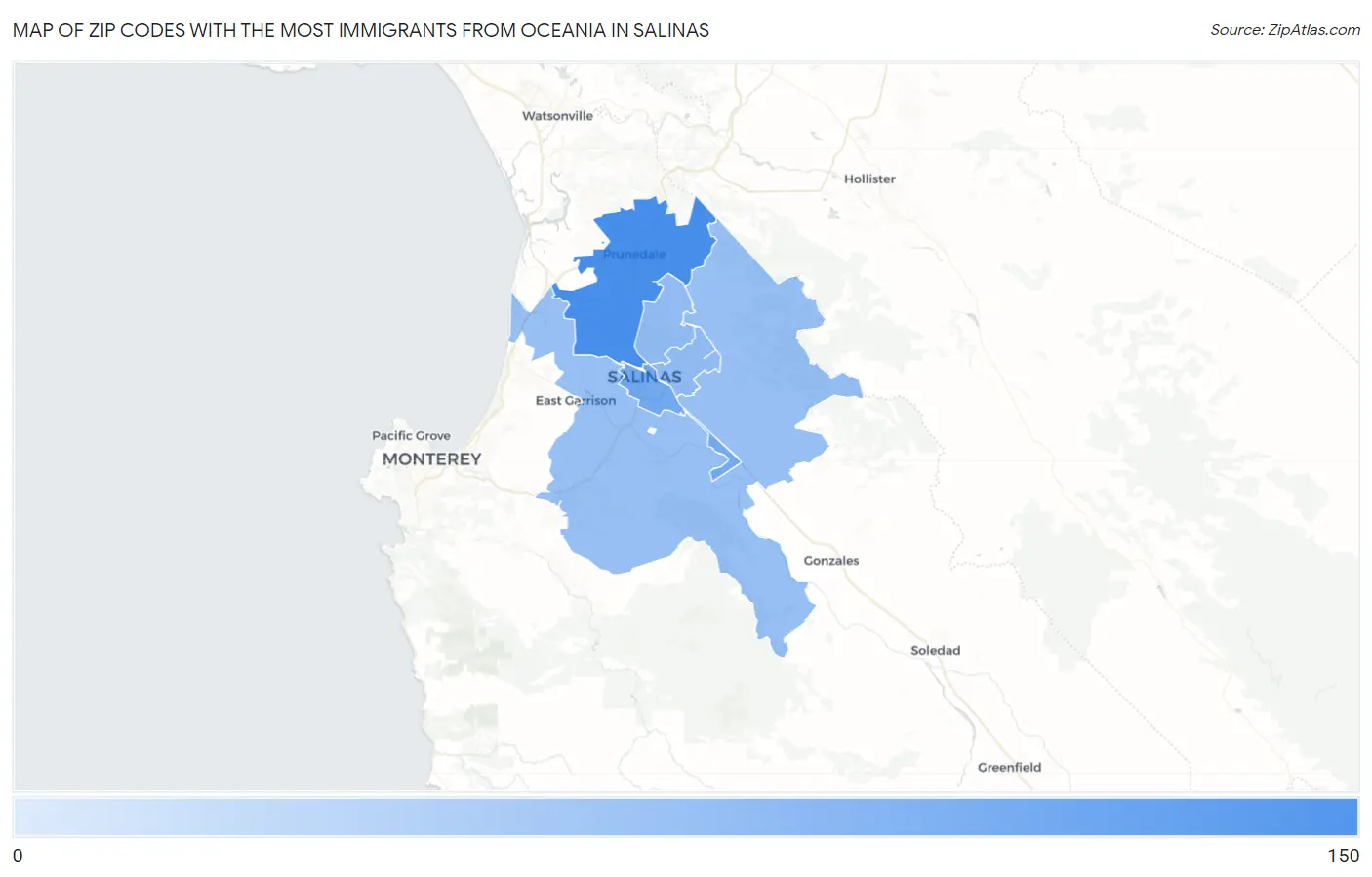 Zip Codes with the Most Immigrants from Oceania in Salinas Map