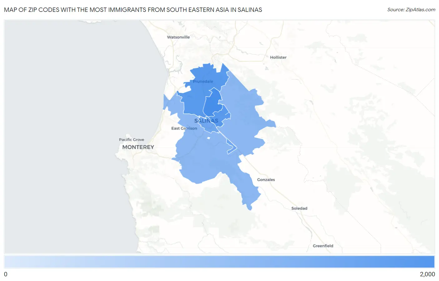 Zip Codes with the Most Immigrants from South Eastern Asia in Salinas Map