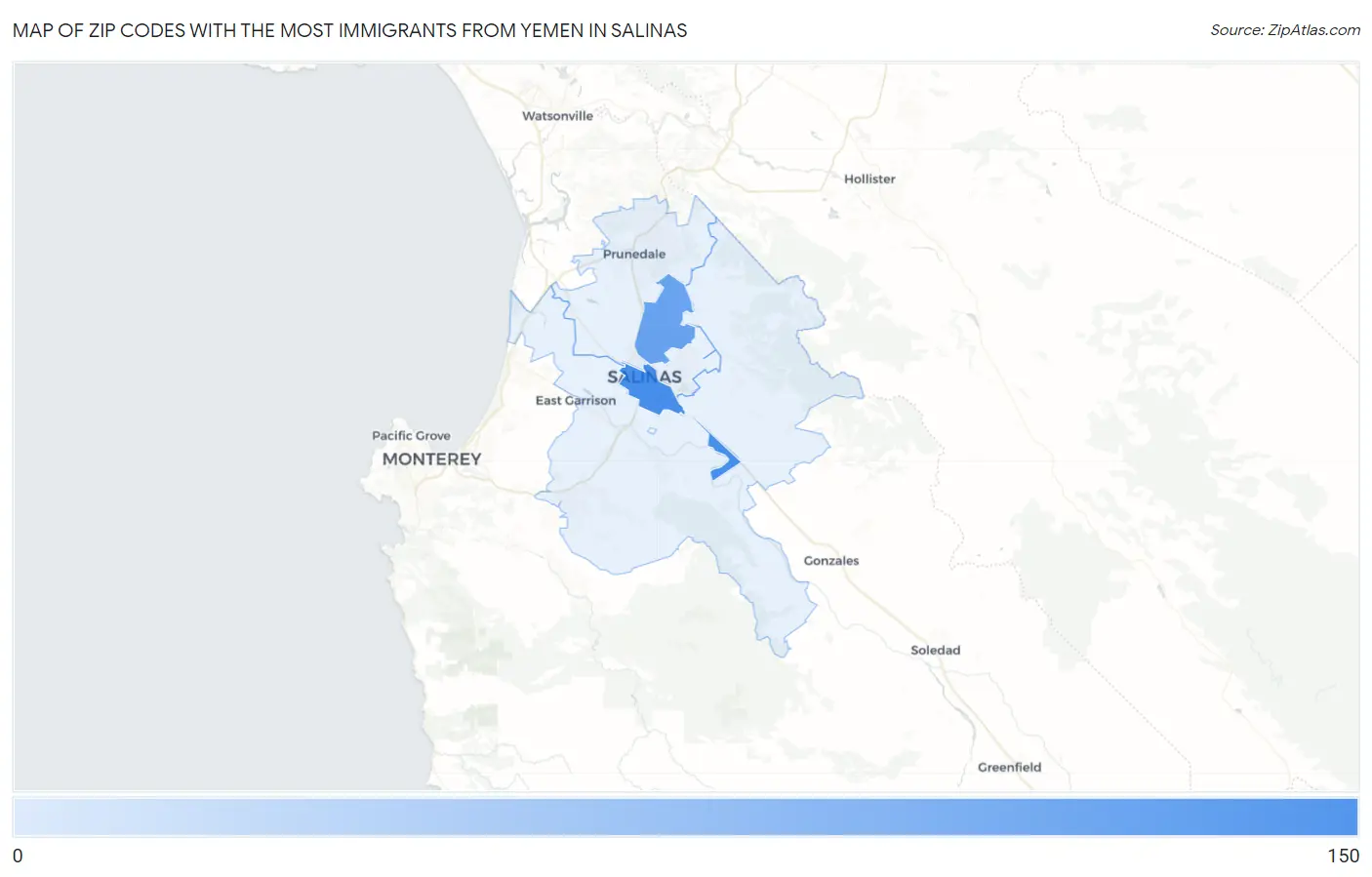 Zip Codes with the Most Immigrants from Yemen in Salinas Map
