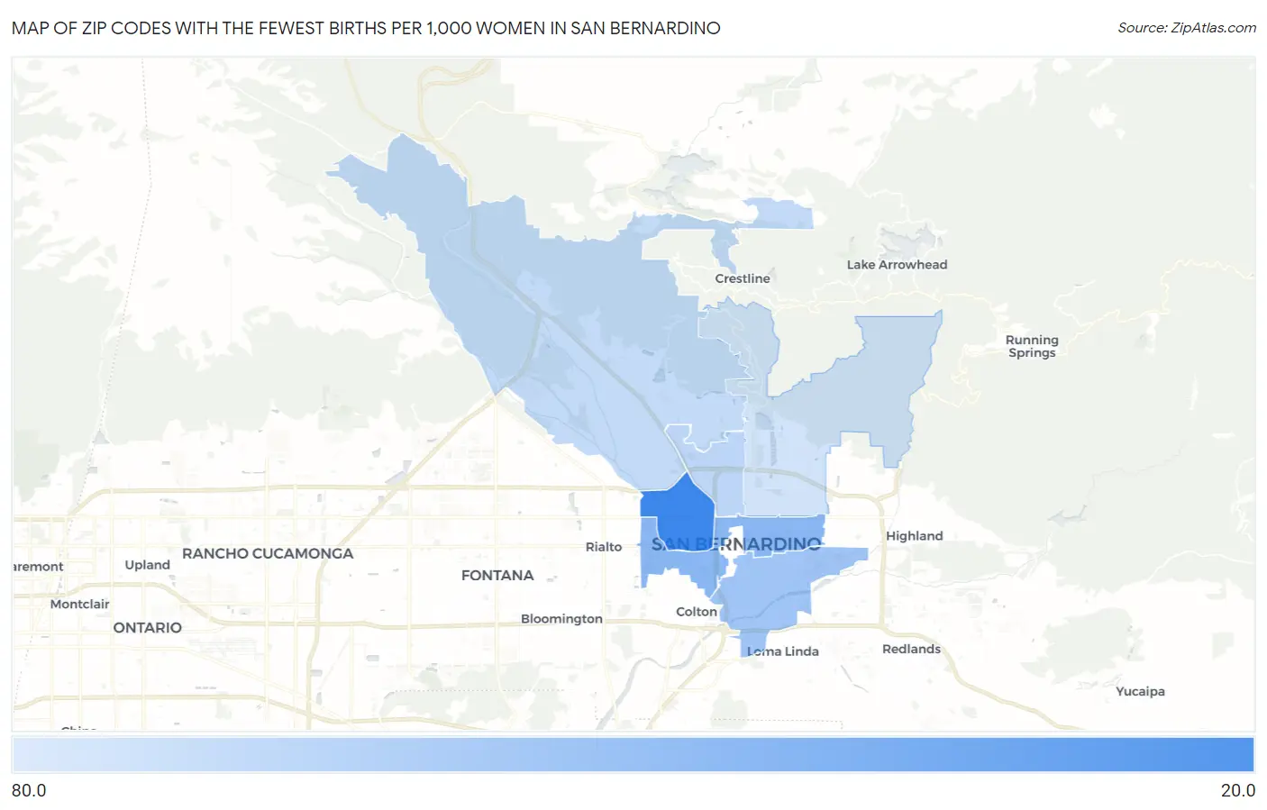 Zip Codes with the Fewest Births per 1,000 Women in San Bernardino Map