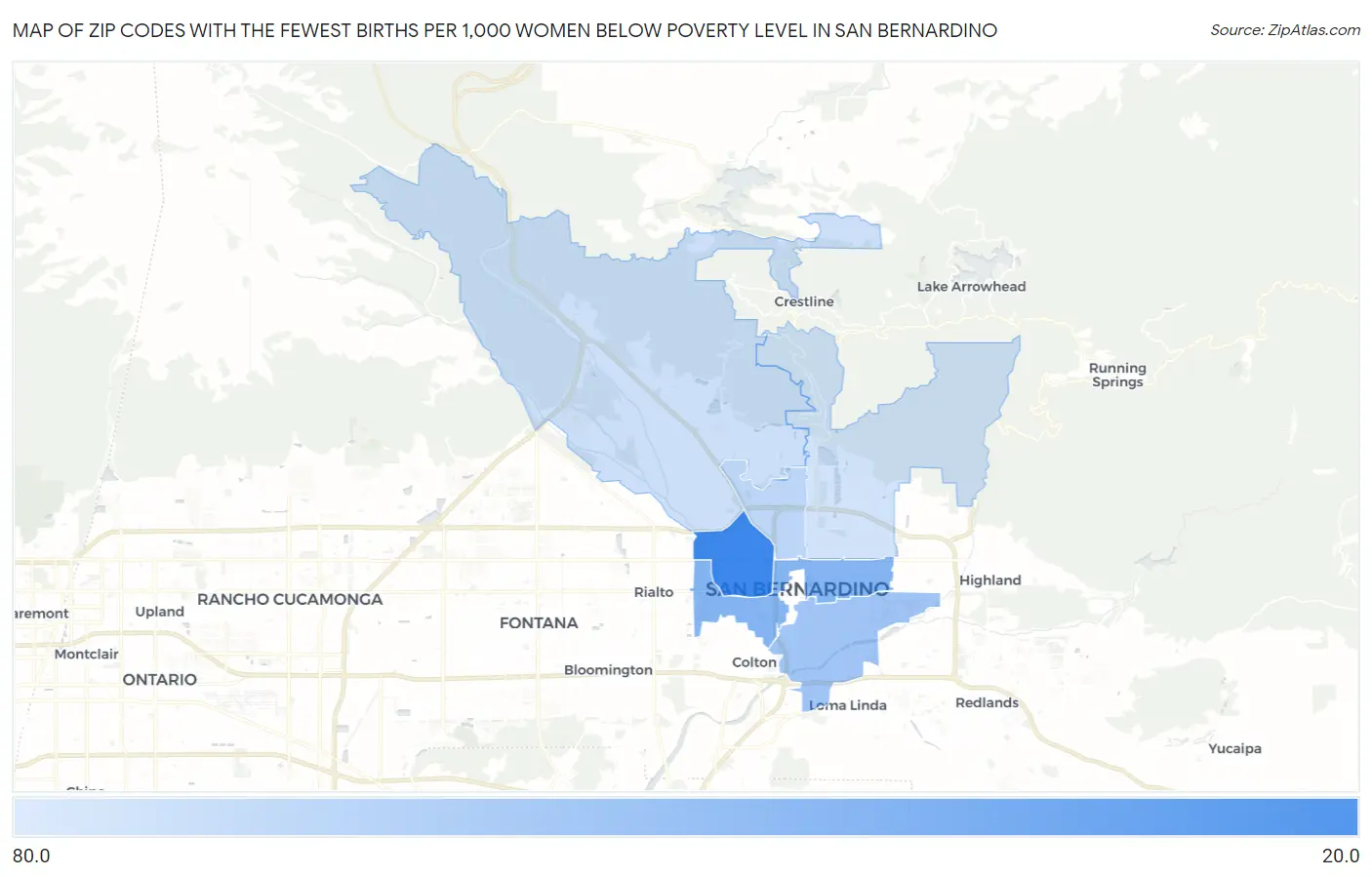 Zip Codes with the Fewest Births per 1,000 Women Below Poverty Level in San Bernardino Map