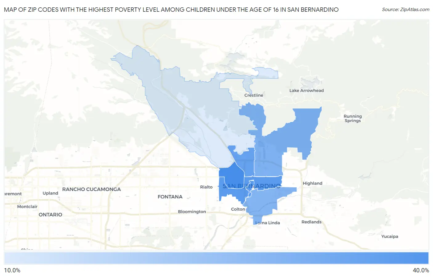 Zip Codes with the Highest Poverty Level Among Children Under the Age of 16 in San Bernardino Map