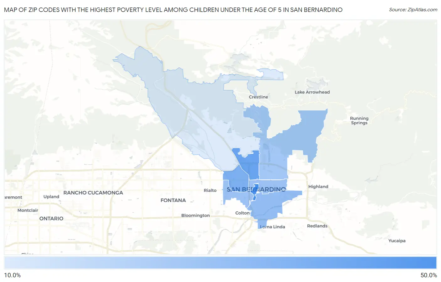 Zip Codes with the Highest Poverty Level Among Children Under the Age of 5 in San Bernardino Map