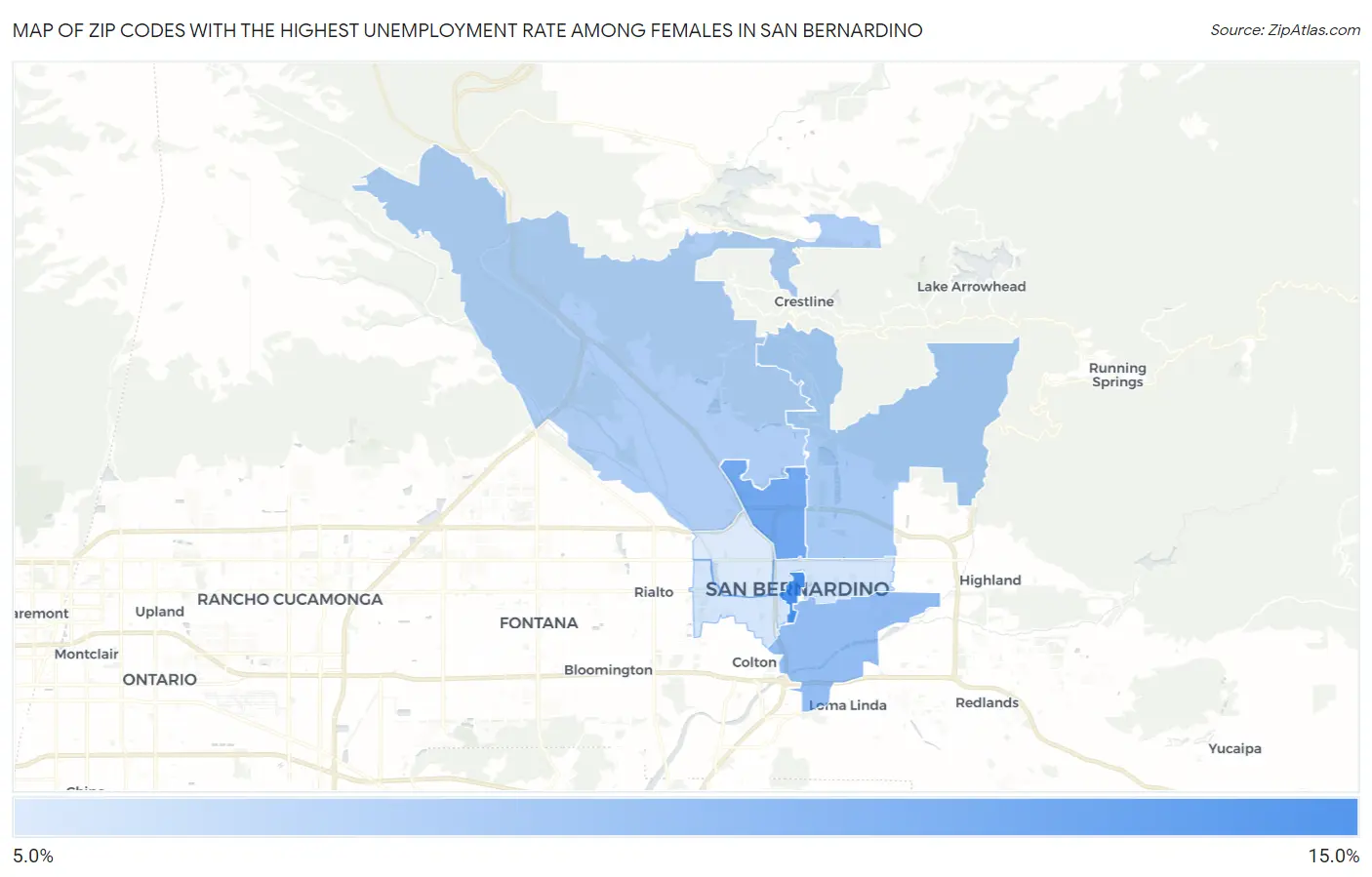 Zip Codes with the Highest Unemployment Rate Among Females in San Bernardino Map