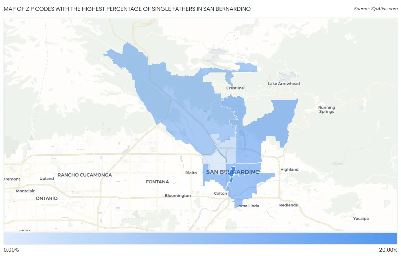 Zip Codes with the Highest Percentage of Single Fathers in San Bernardino Map