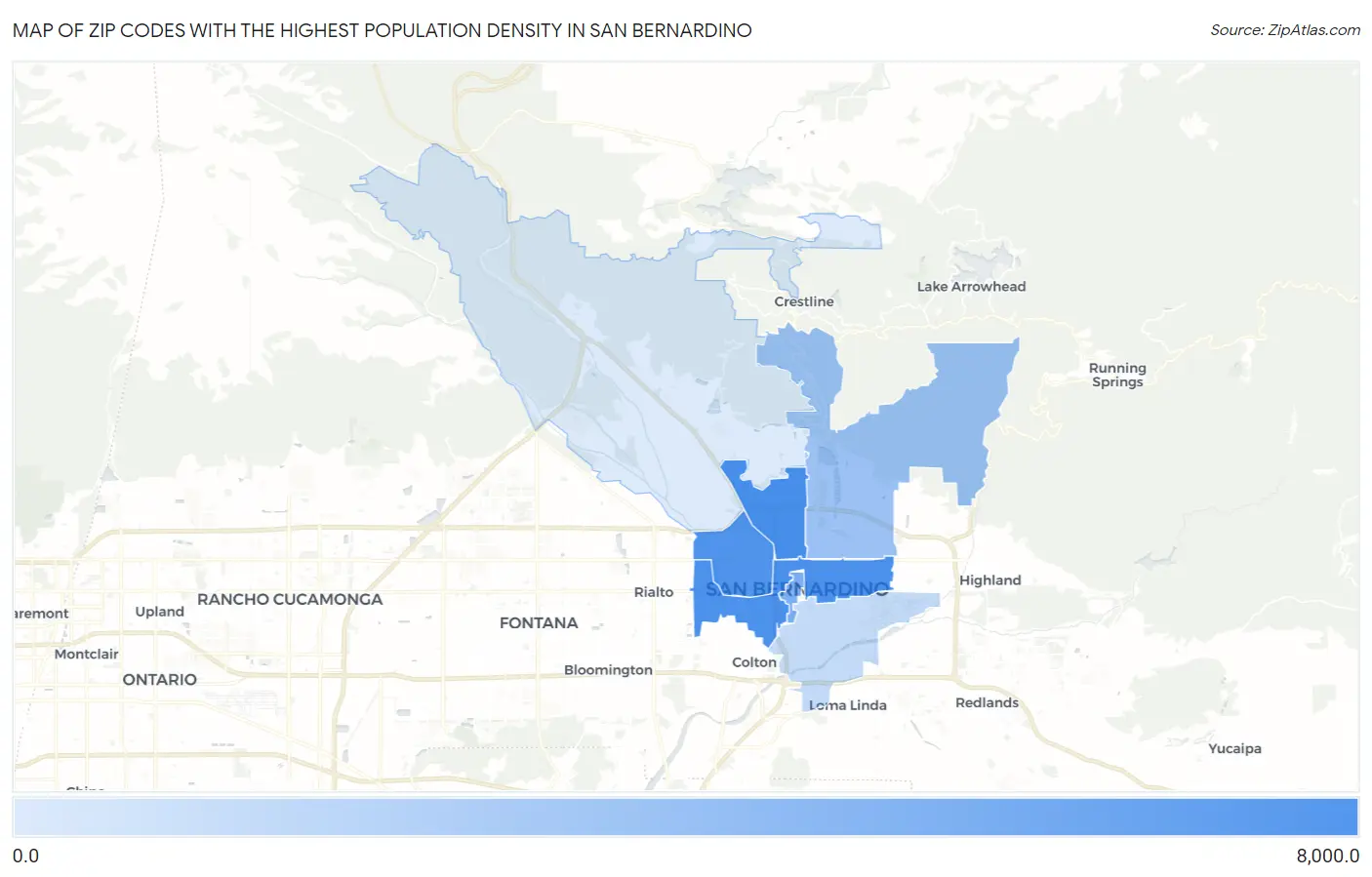 Zip Codes with the Highest Population Density in San Bernardino Map