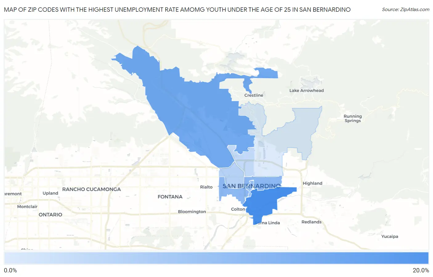 Zip Codes with the Highest Unemployment Rate Amomg Youth Under the Age of 25 in San Bernardino Map