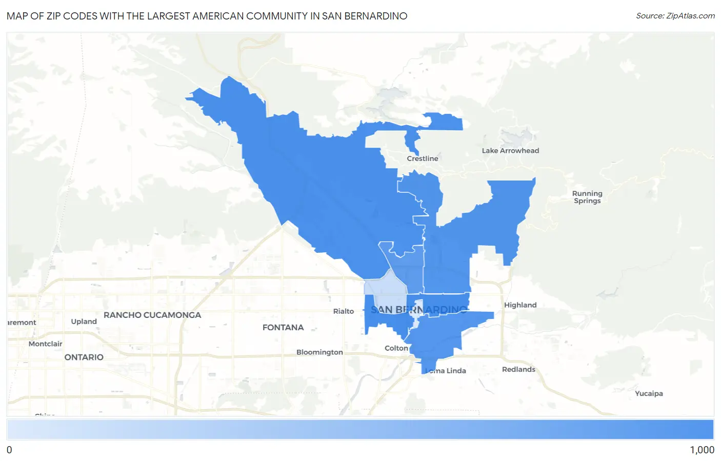Zip Codes with the Largest American Community in San Bernardino Map