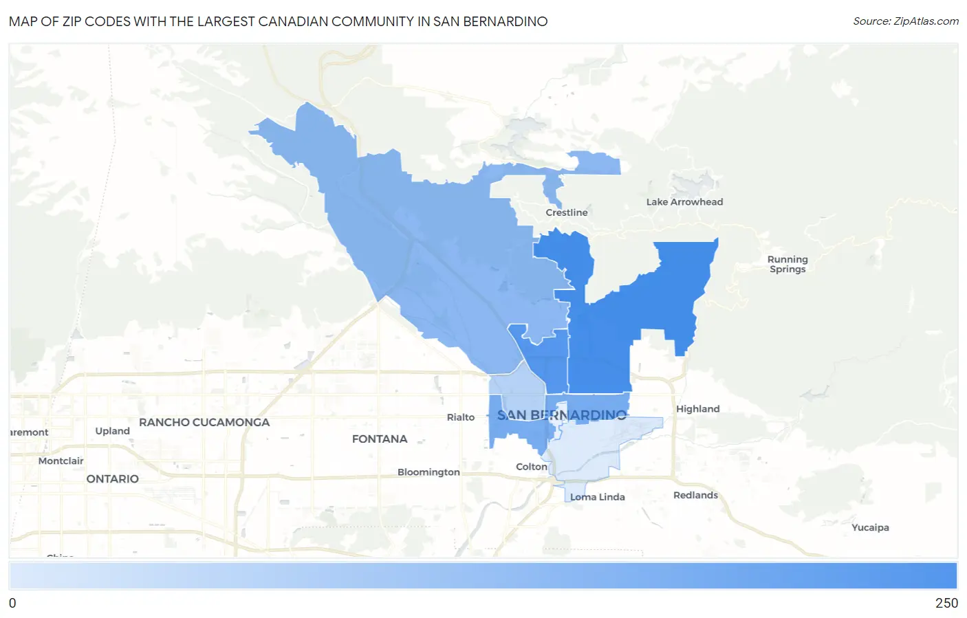 Zip Codes with the Largest Canadian Community in San Bernardino Map