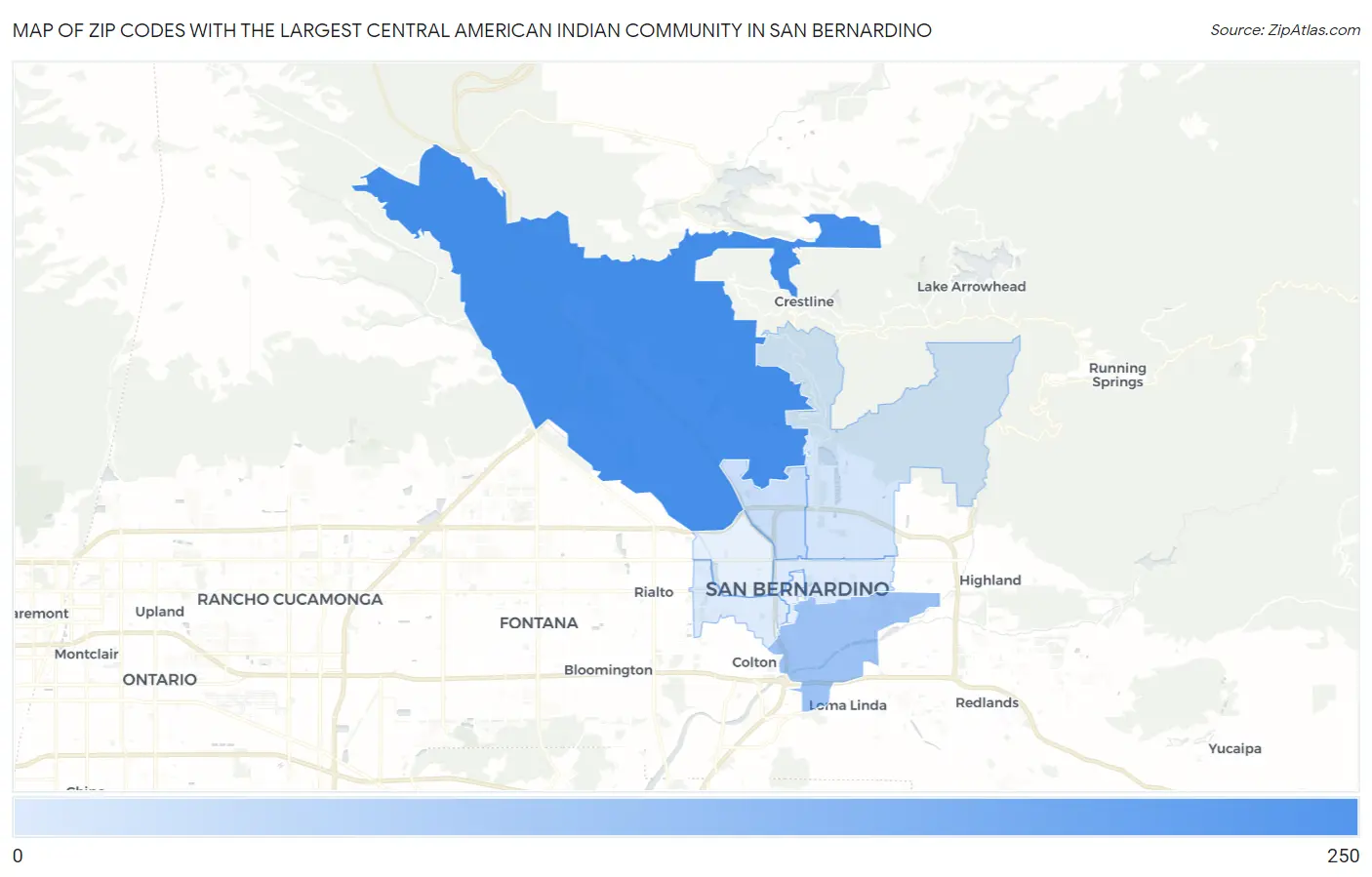 Zip Codes with the Largest Central American Indian Community in San Bernardino Map