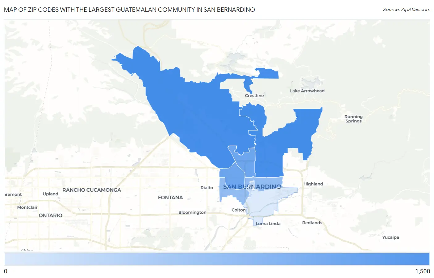 Zip Codes with the Largest Guatemalan Community in San Bernardino Map