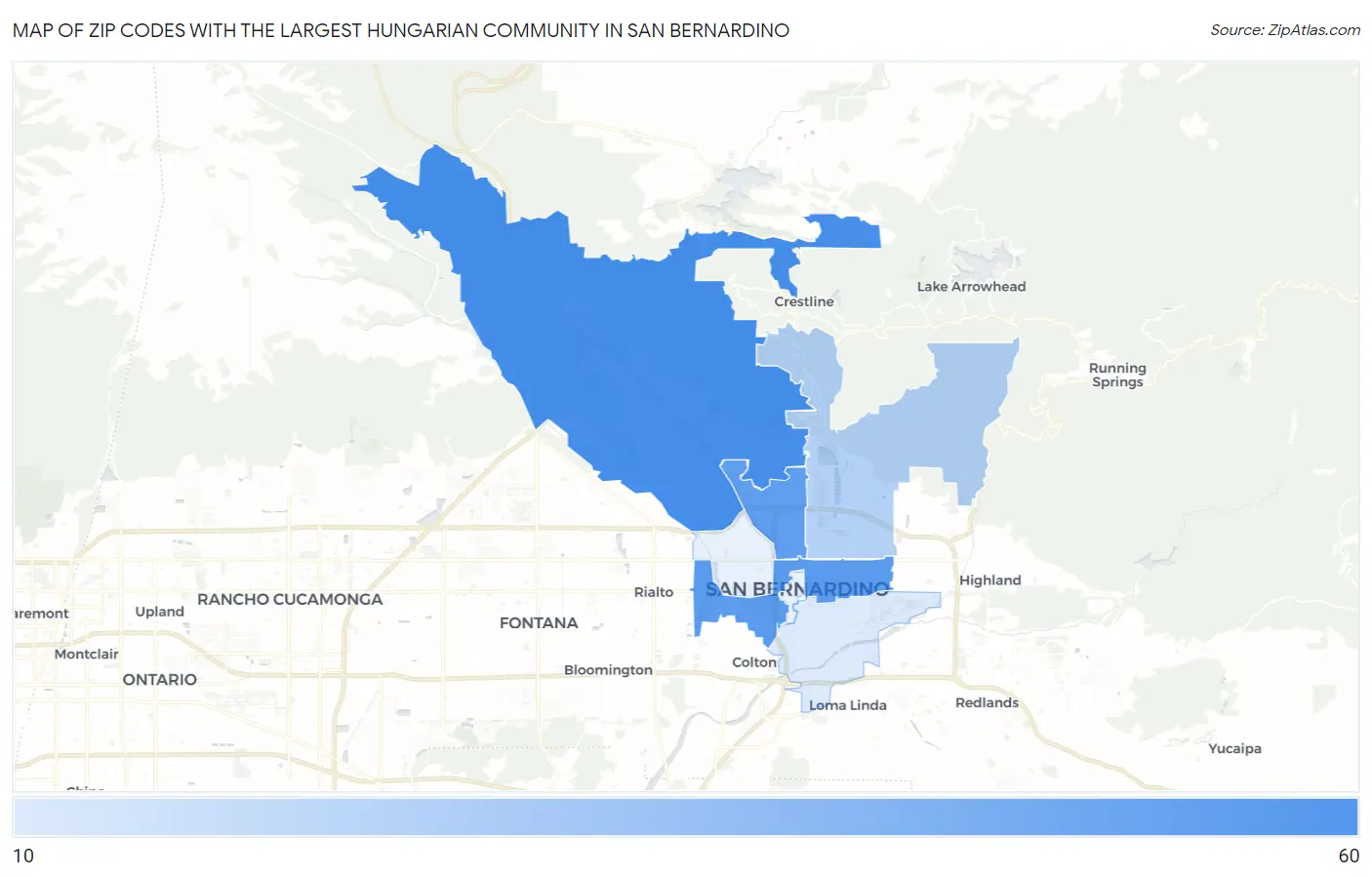 Zip Codes with the Largest Hungarian Community in San Bernardino Map