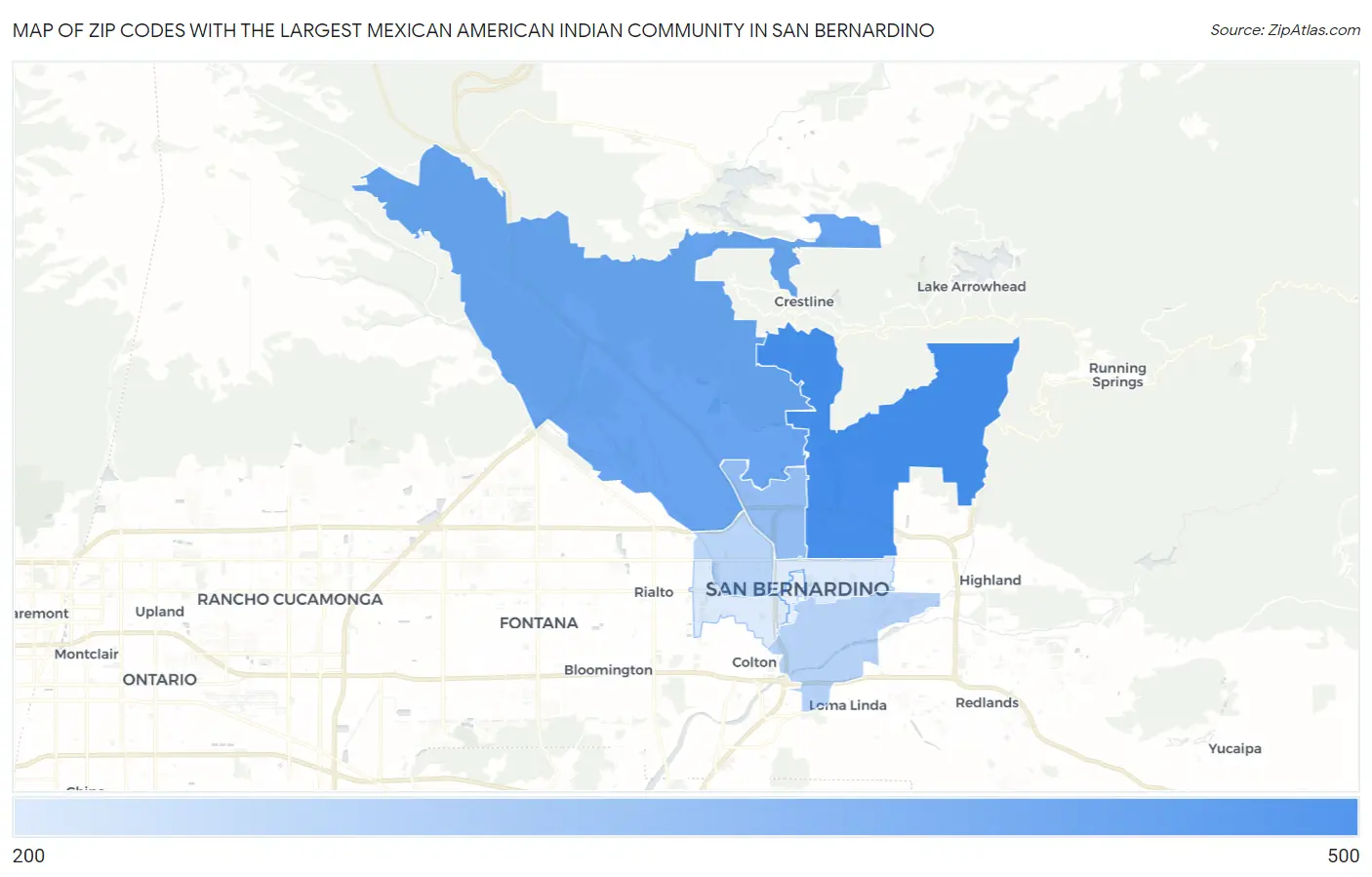 Zip Codes with the Largest Mexican American Indian Community in San Bernardino Map